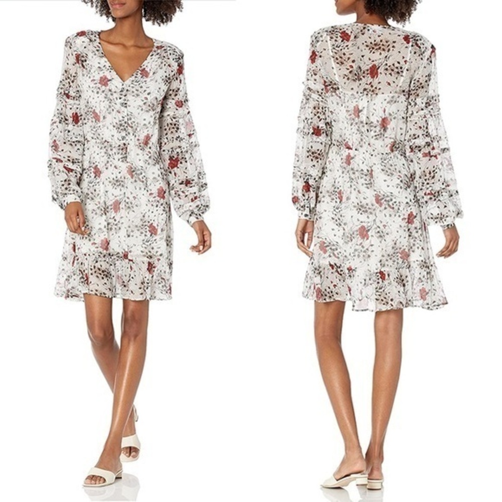 The Kooples Flying Flowers Silk White Red Long Sleeve Mini Dress FR 2 US S